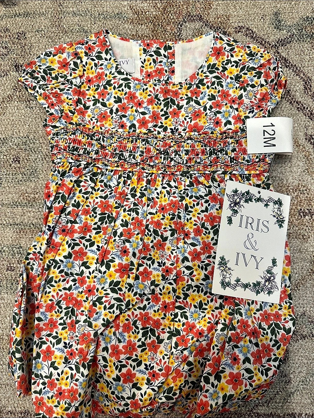 Iris & Ivy Floral Smocked Dress Baby Size 12M White & Red